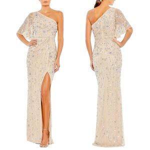 Mac Duggal Gown 14 Embellished Sequin One Shoulder Draped Nude Floral Prom